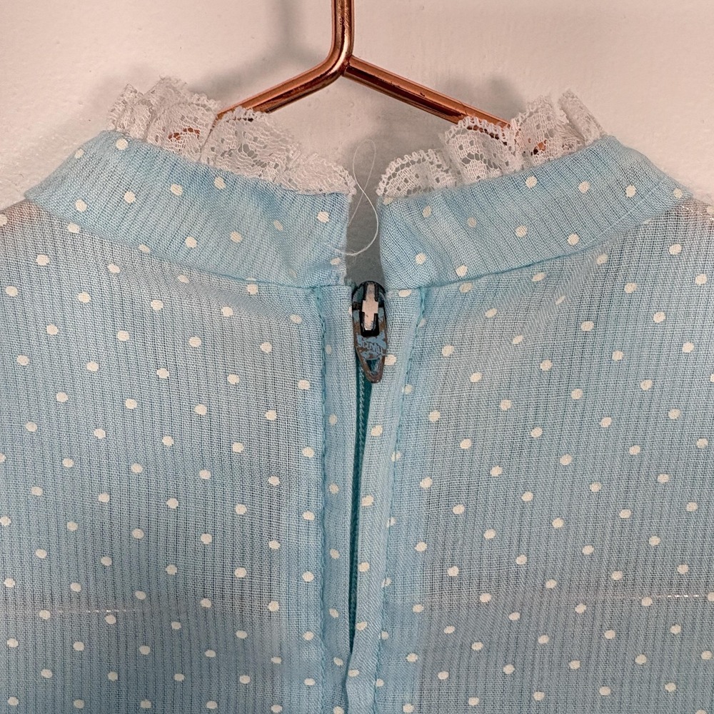 Vintage Polly Flinders Dress Girls 8 Blue Polka Dot Smocked Lace Party Formal - Picture 6 of 13
